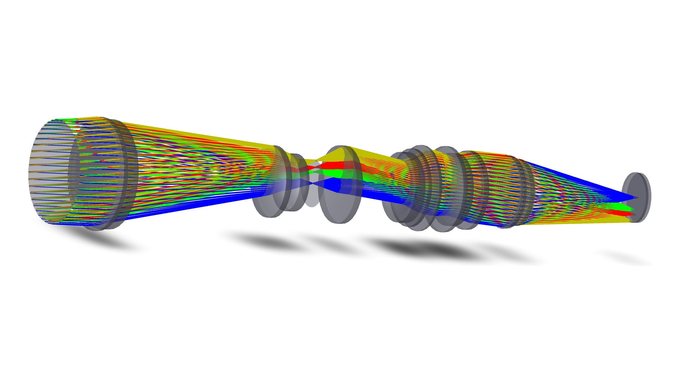 Shaded three-dimensional model of a multi-element optical system with polychromatic rays traced through it.