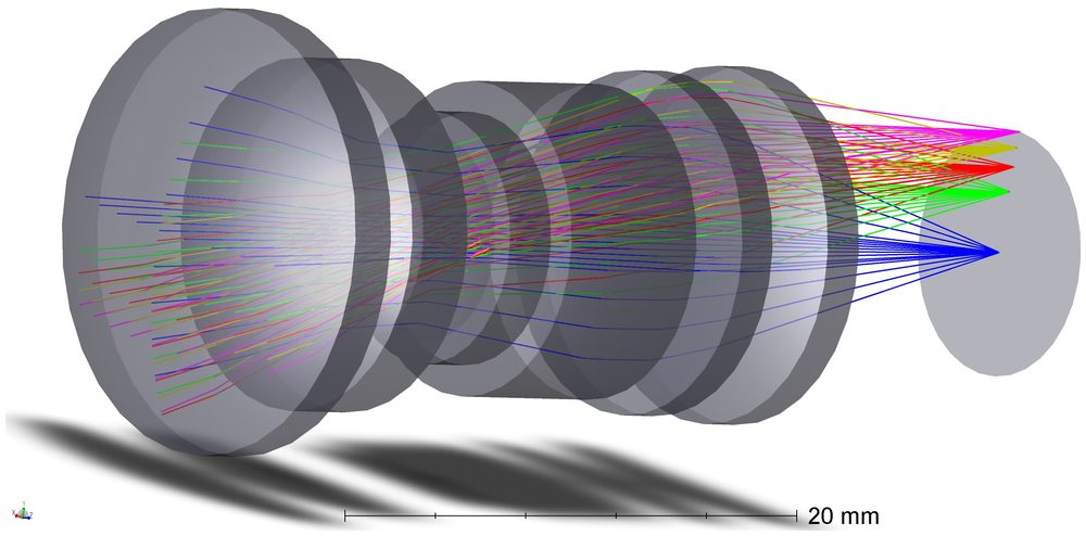 Shaded three-dimensional model of assembled glass elements with polychromatic rays converging to focus.