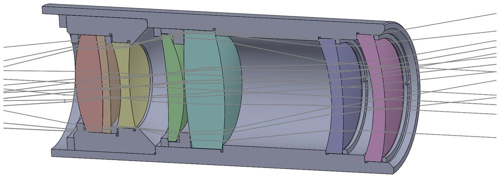 Cutaway view of a lens barrel showing coloured glass elements seated in their mounts and internal baffles, with rays passing through.